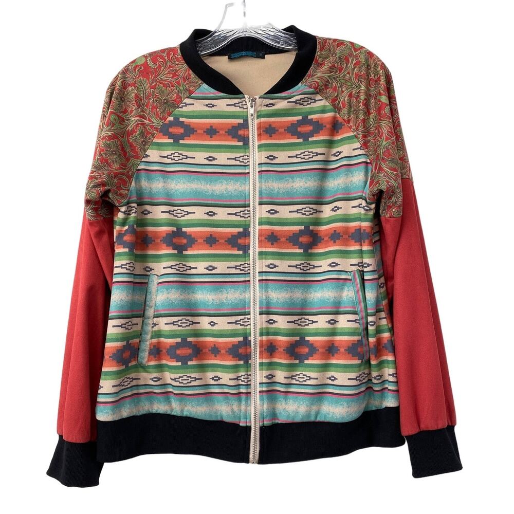Southwestern Aztec Faux Suede Bomber Flight Jacket Womens Sz S Western Cowgirl
